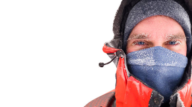 frozen man face in winter scene isolated on white background