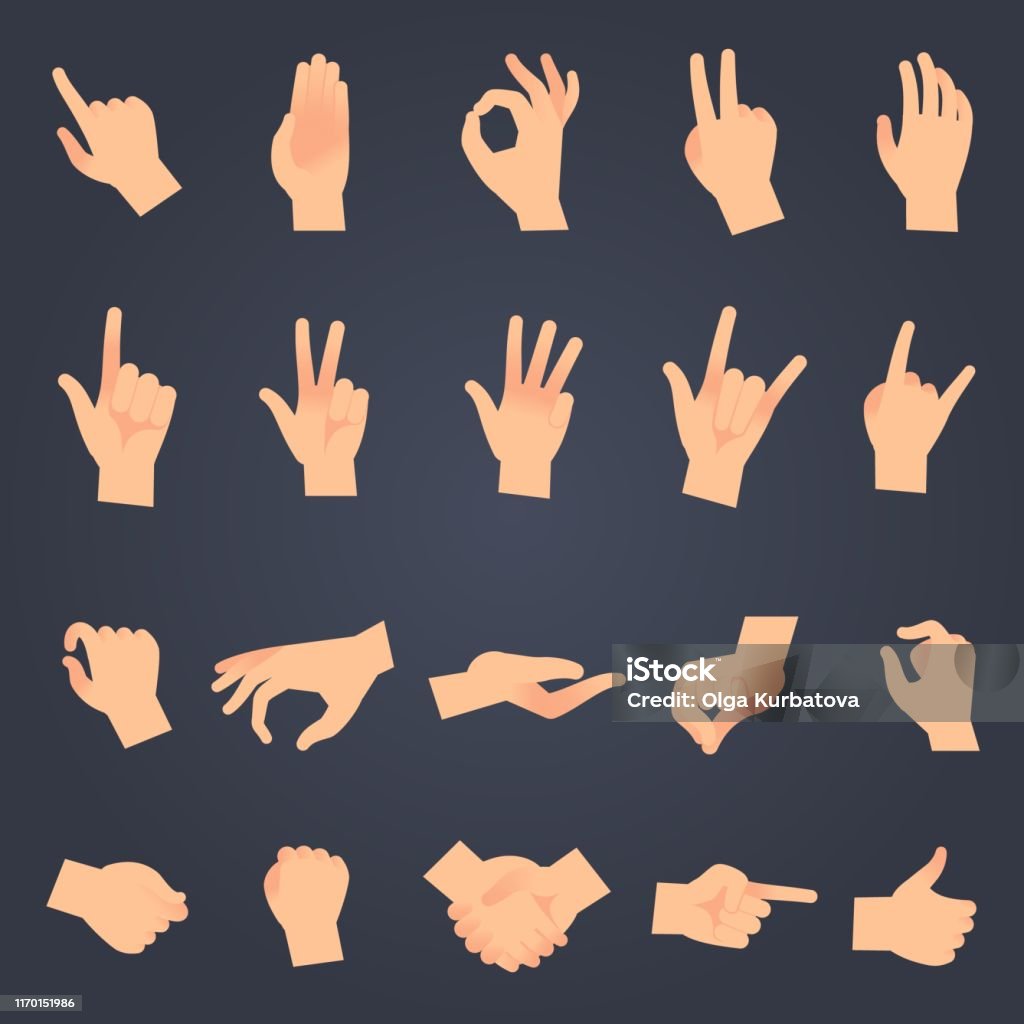 Set di posizione della mano. mani femminili o maschili tenendo gesto aprendo qualcosa e toccando pose vettori isolati oggetti - arte vettoriale royalty-free di Mano