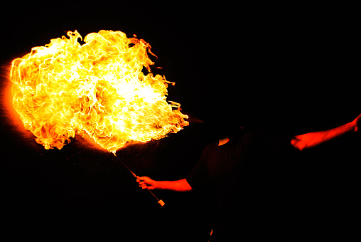 Fire-eater performing in the dark