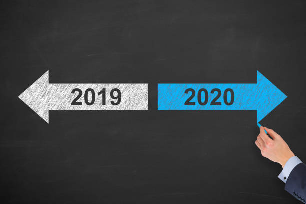 istock Human Hand Drawing Old Year or New Year 2020 on Chalkboard 1170155011