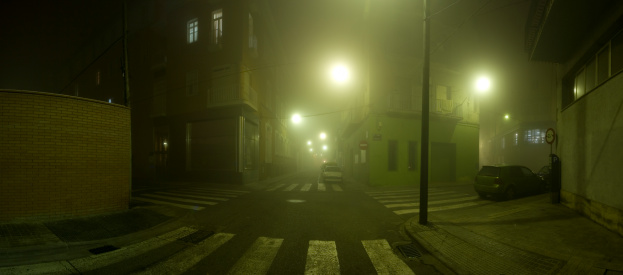 Urban panoramic scene with fog. Made with several vertical shots.