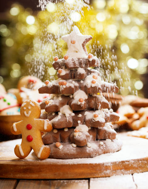 Christmas food. Christmas Tree made from Gingerbread cookies and snow from icing sugar