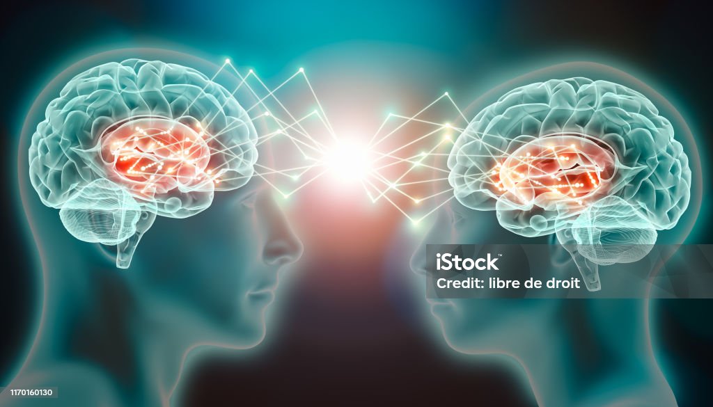 Love emotion or empathy cerebral or brain activity in caudate nucleus. Connection between two people. Conceptual 3d illustration of love, attraction or lure neurological stimulation or telepathy. Telepathy stock illustration