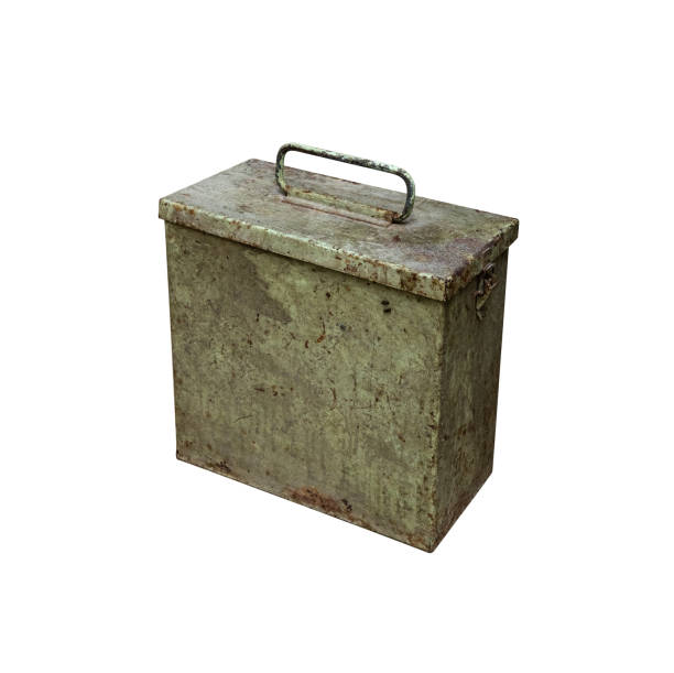 Old metal military box isolate on a white background. Green rusty drawer with handle and lock.