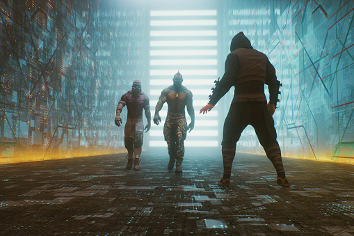 Futuristic urban mercenaries on the street. This is 3D generated image with custom, generic villain like characters.