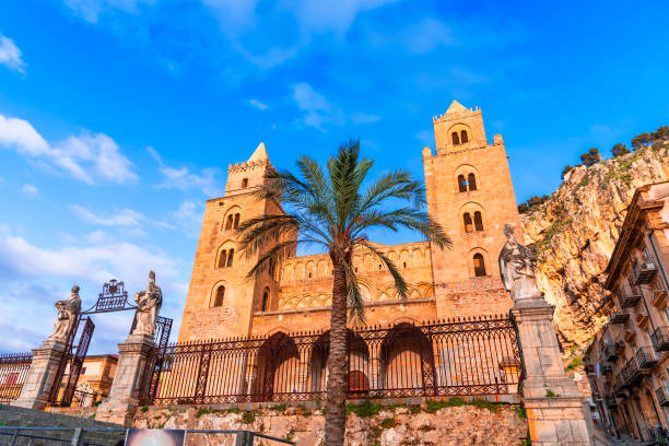 Cefalu, Sicily, Italy: Town square with The Cathedral or Basilica of Cefalu, a Roman Catholic church built in the Norman style Cefalu, Sicily, Italy: Town square with The Cathedral or Basilica of Cefalu, Duomo di Cefalu, a Roman Catholic church built in the Norman style cefalu stock pictures, royalty-free photos & images