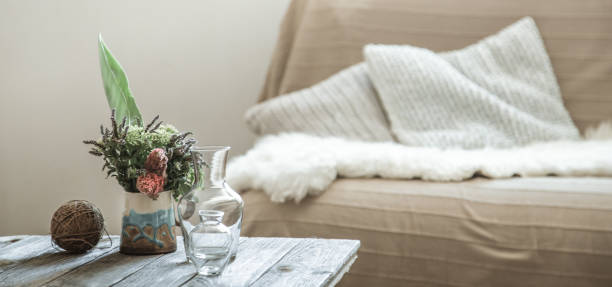 istock Home interior with decorative items on a wooden table. 1170167975