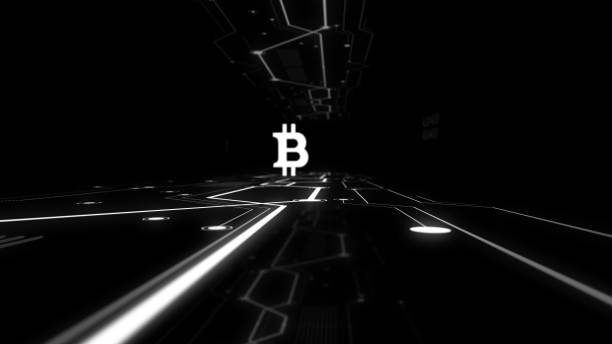 un hologramme de bitcoin de crypto-monnaie planant dans un tunnel de circuit d'ordinateur. - circuit board abstract boarding technology photos et images de collection