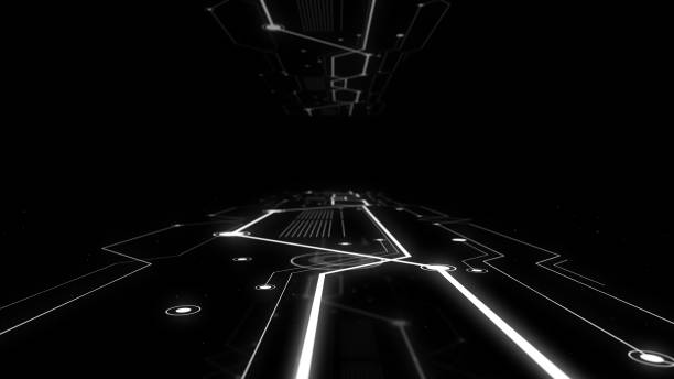 istock Rendering of virtual sci-fi spaceship platform with glowing network on the floor. 1170170385