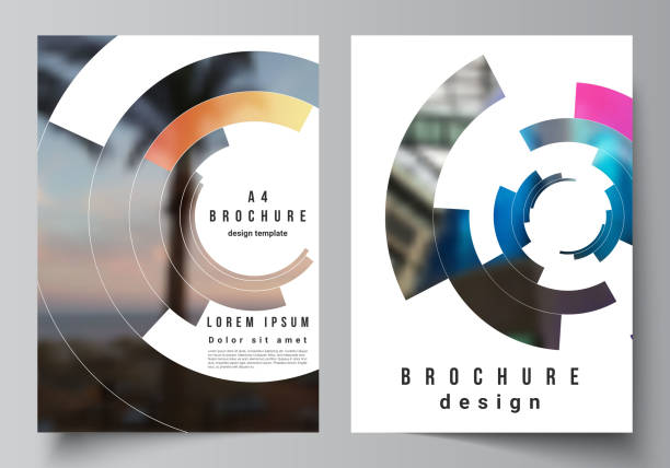 ilustrações de stock, clip art, desenhos animados e ícones de the vector layout of a4 format modern cover mockups design templates for brochure, magazine, flyer, report. futuristic design circular pattern, circle elements forming geometric frame for photo. - format a4