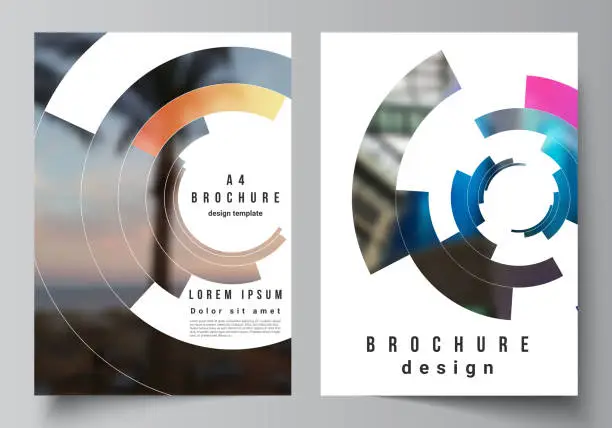 Vector illustration of The vector layout of A4 format modern cover mockups design templates for brochure, magazine, flyer, report. Futuristic design circular pattern, circle elements forming geometric frame for photo.