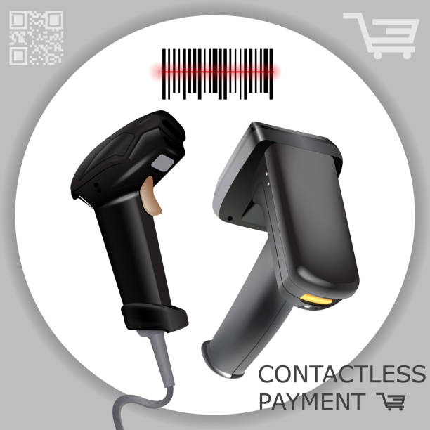 illustrazioni stock, clip art, cartoni animati e icone di tendenza di lettore di scanner di codici a barre wireless portatile che scansiona il codice a barre su sfondo bianco. raggio laser. illustrazione vettoriale in 3d - bar code reader illustrations