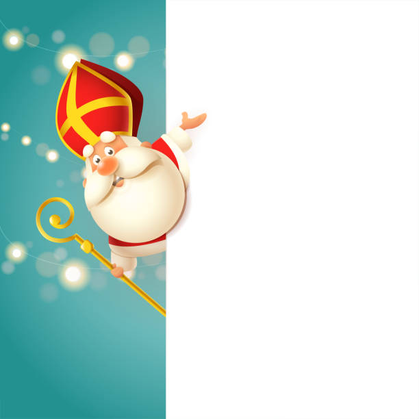 istock Cute Saint Nicholas on left side of board - happy cute character celebrate holidays - vector illustration 1170173076