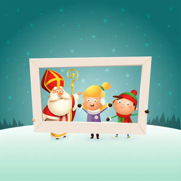 Vector illustration of Saint Nicholas and children girl and boy with photo frame - winter scene background