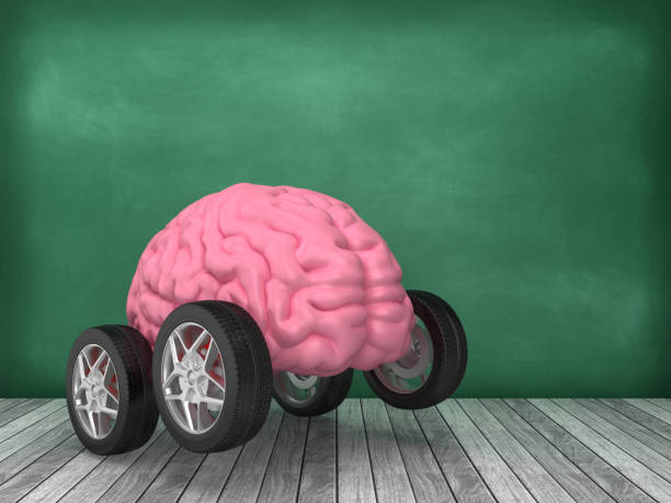istock Human Brain with Car Wheels on Chalkboard Background - 3D Rendering 1170174399