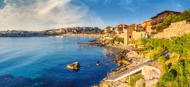 Coastal landscape banner, panorama - embankment with fortress wall in the city of Sozopol Coastal landscape banner, panorama - embankment with fortress wall in the city of Sozopol on the Black Sea coast in Bulgaria bulgaria stock pictures, royalty-free photos & images