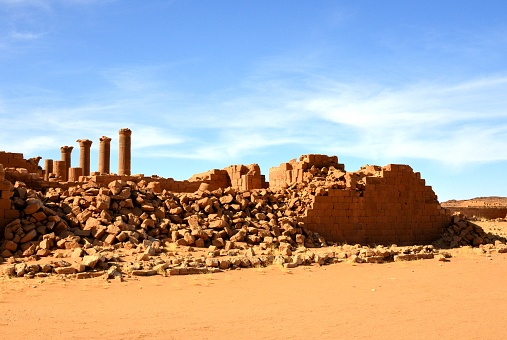 Musawwarat es-Sufra, Northern State, Sudan: Great Enclosure - columns and ruined walls, central terrace - Meroitic temple complex, Island of Meroe UNESCO World Heritage Site - El-Moswarat Andel-Naqa'a Archaeological Area