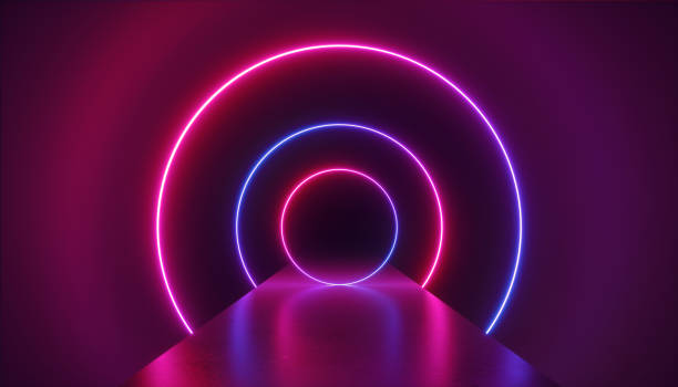 istock 3d render, abstract neon background, violet pink glowing round shapes in perspective, empty corridor, long tunnel, fashion podium, performance stage decoration, rings in ultraviolet light 1170180202