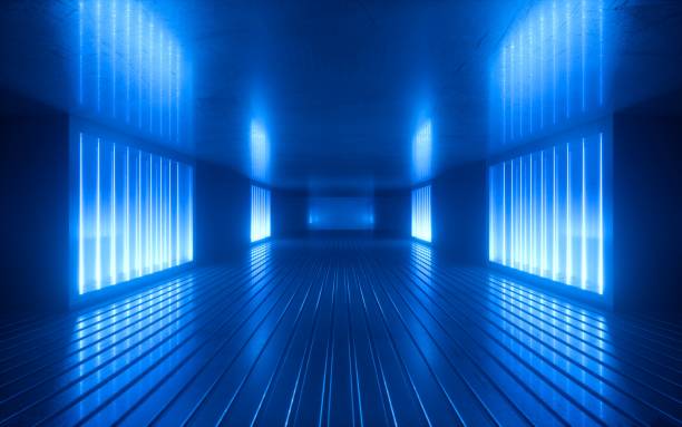 3d render, blue neon abstract background, ultraviolet light, night club empty room interior, tunnel or corridor, glowing panels, fashion podium, performance stage decorations,
