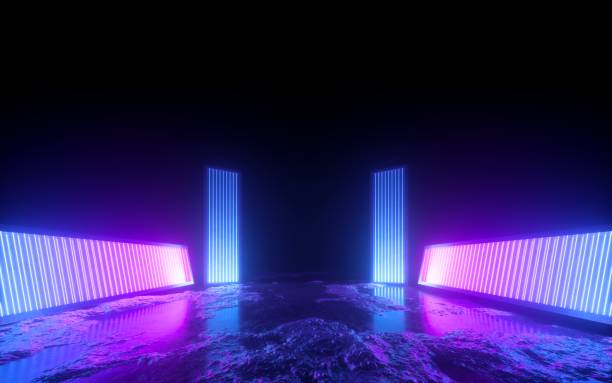 istock 3d render, pink blue neon abstract background, glowing panels in ultraviolet light, futuristic power generating technology, terrain 1170180233