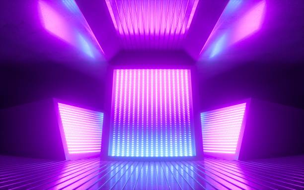 3dレンダリング、明るいピンクのバイオレットネオン抽象的な背景、紫外線でパネルを輝く、未来的な発電技術 - generating ストックフォトと画像