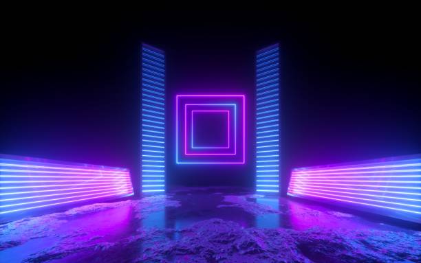 istock 3d render, pink blue violet neon abstract background, square shapes in ultraviolet light, futuristic power generating technology, glowing panels, terrain 1170180272