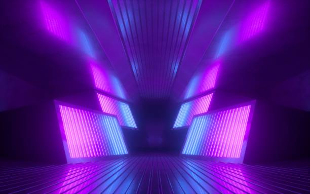3d render, pink blue neon abstract background, glowing panels in ultraviolet light, futuristic power generating technology