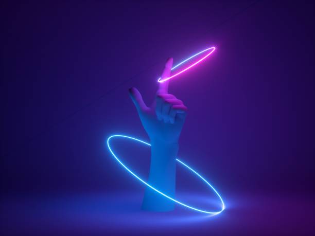 istock 3d render, abstract minimal neon background, mannequin hand in ultraviolet light, pink blue glowing rings, magical trick, mysterious halloween show, fashion concept 1170180329