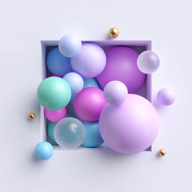 3d abstrakte illustration, verschiedene rosa blaue pastellkugeln in quadratischenische auf weißem hintergrund isoliert - bead glass jewelry stone stock-fotos und bilder