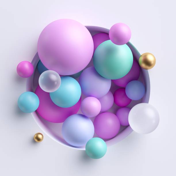illustration abstraite 3d, boules pastel bleues roses assorties à l'intérieur de niche ronde d'isolement sur le fond blanc - sphere glass bubble three dimensional shape photos et images de collection
