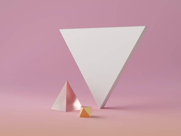 3d abstract modern minimal background, white triangular canvas isolated on pink, crystal glass pyramid, golden polygonal decor, fashion minimalistic scene, simple clean design, blank feminine mockup