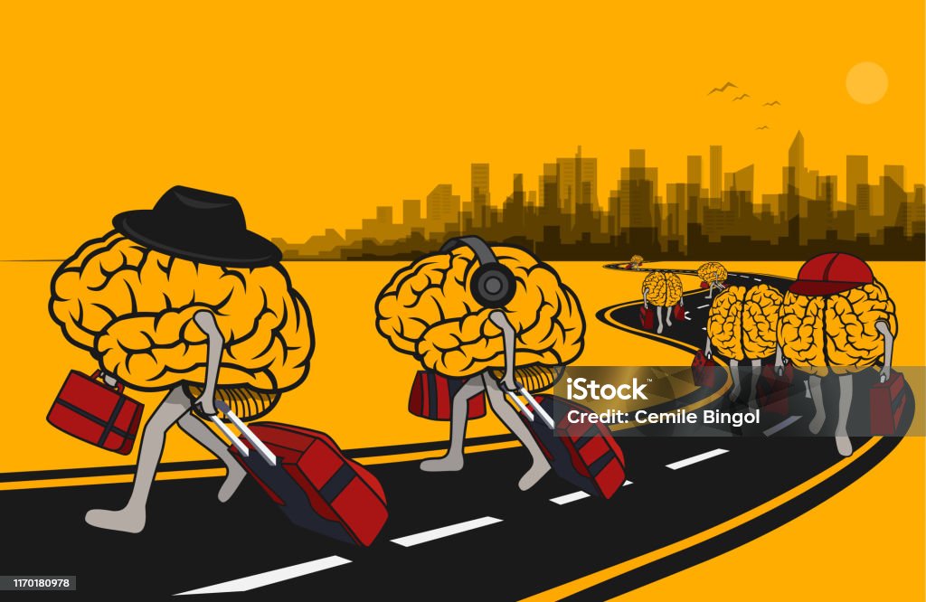 Brain Drain The brains leave the city with their luggage. (Used clipping mask) City stock vector