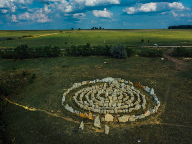 istock Spiral labyrinth made of stones, top view from drone 1170184381