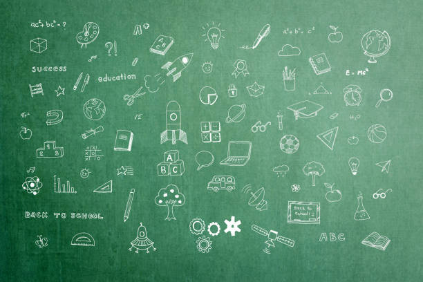 istock Educational childhood imagination and inspiration with students' hand drawing doodle on teacher's school green chalkboard in class for daydreaming mind map and stem education concept 1170192203