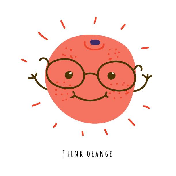 ilustrações de stock, clip art, desenhos animados e ícones de orange; positive; think; slices; fresh; cartoon; smiling; logo; happy; cute; healthy; cooking; menu; flat; vector; illustration; fruit; tropic; product; isolated; clipart; citrus; glasses; garden; plants; tropical; greengrocery; growth; sweet; raw; organi - organi