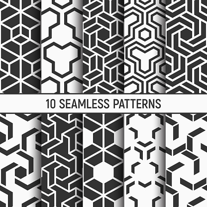 Set of ten seamless patterns. Abstract geometrical trendy vector monochrome backgrounds. Hexagon textures. Chevron elements form stylish tileable print. Polygonal grid of bold striped elements.
