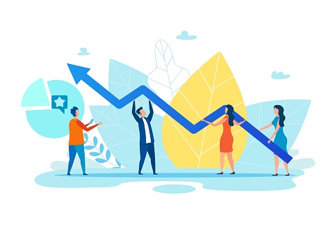 Cartoon People, Men and Women Holding Growth Graph, Zigzag Arrow. Foliage Backdrop. Teamwork Metaphor. Financial Success, Cooperation and Effective Social Media Marketing. Vector Flat Illustration