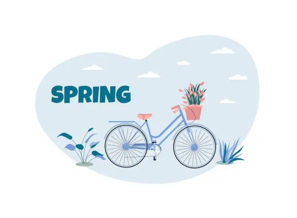 Vector illustration of Cartoon Bicycle with Basket Natural Composition