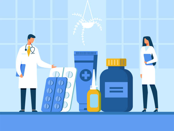 ilustrações de stock, clip art, desenhos animados e ícones de doctor and nurse presenting new drugs illustration - medicação ilustrações