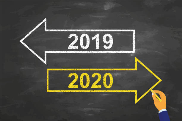 istock Human Hand Drawing Old Year or New Year 2020 on Chalkboard Background 1170195295