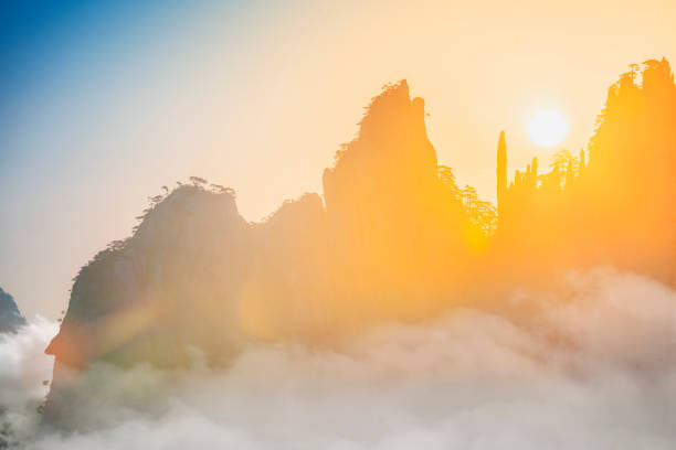 Chinese Mount Huangshan beautiful sunrise morning and distant background