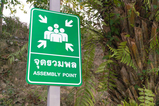 istock Assembly point signs , are essential for identifying areas of safety where persons should assemble in the event of an emergency 1170201254