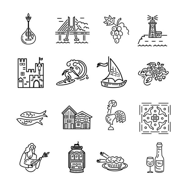ilustrações de stock, clip art, desenhos animados e ícones de vector icons set of portugal symbols. - pastel de nata ilustrações