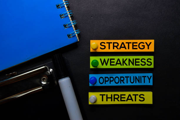 istock Strategy, Weakness, Opporunity, Threats (SWOT) text on sticky notes isolated on Black desk. Mechanism Strategy Concept 1170204118