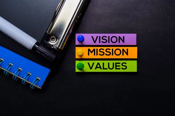 Photo of Vision, Mission, Values text on sticky notes isolated on Black desk. Mechanism Strategy Concept