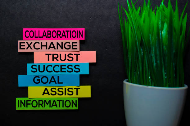istock Collaboration, Exchange, Trust, Success, Goal, Assist, Information text on sticky notes isolated on Black desk. Mechanism Strategy Concept 1170204152