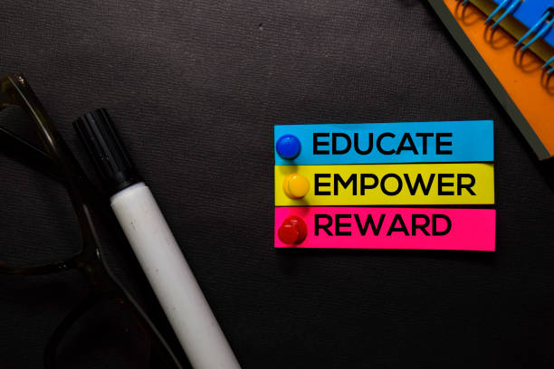 istock Educate, Empower, Reward text on sticky notes isolated on Black desk. Mechanism Strategy Concept 1170204668