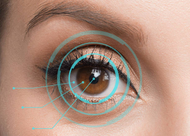 망막 식별 개념. 여성의 눈을 클로즈업. - contact lens human eye human face women 뉴스 사진 이미지