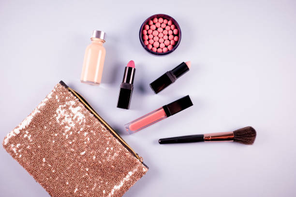 istock Beauty background for makeup cosmetic product on pastel light blue desktop background. top view, flat lay. 1170209152