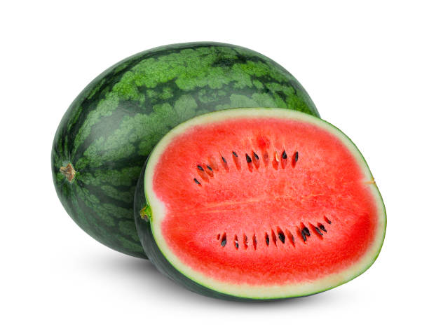 whole and half watermelon fruit isolated on white background - 5551 imagens e fotografias de stock